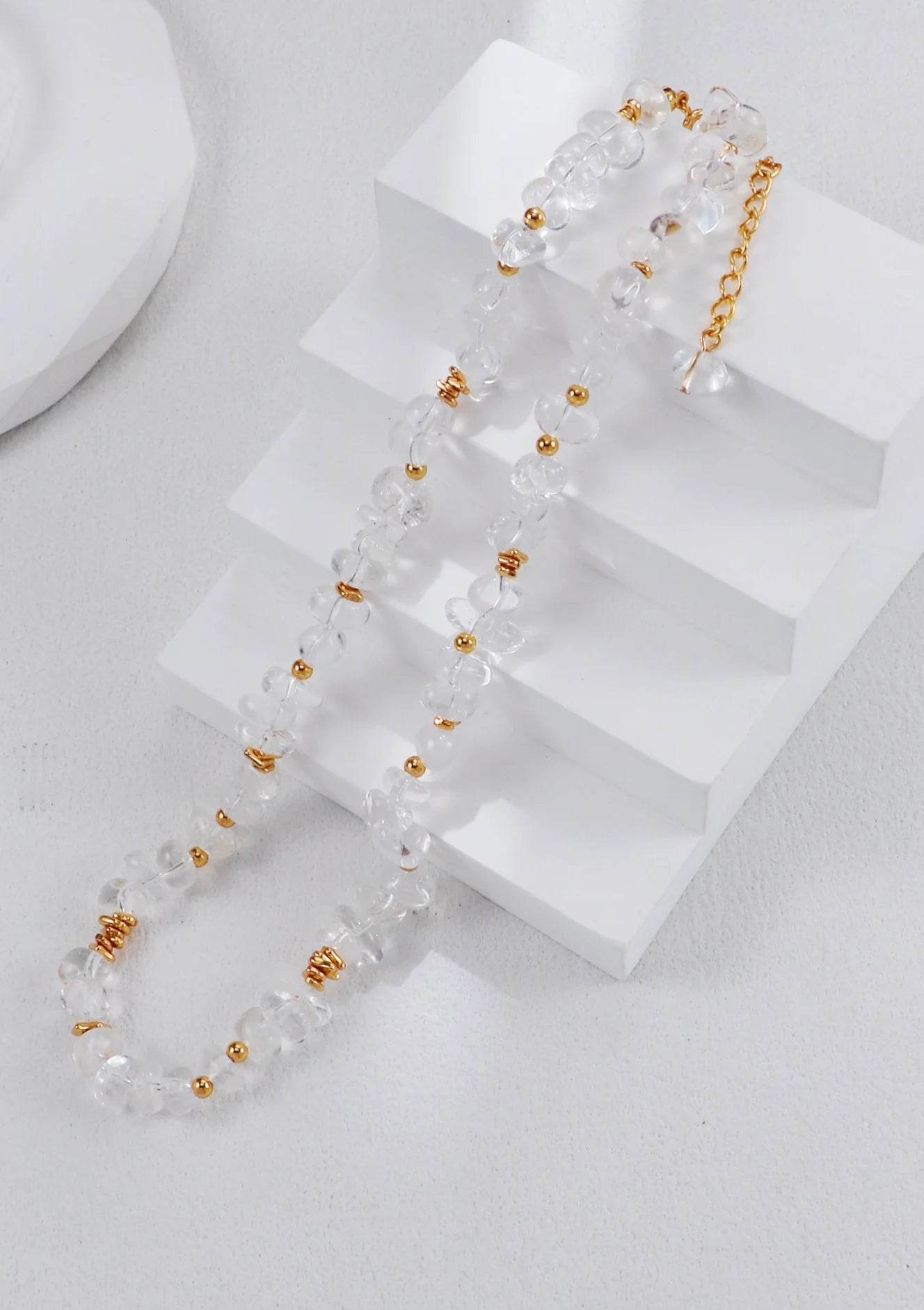 Gold Beads and White Crystal Necklace