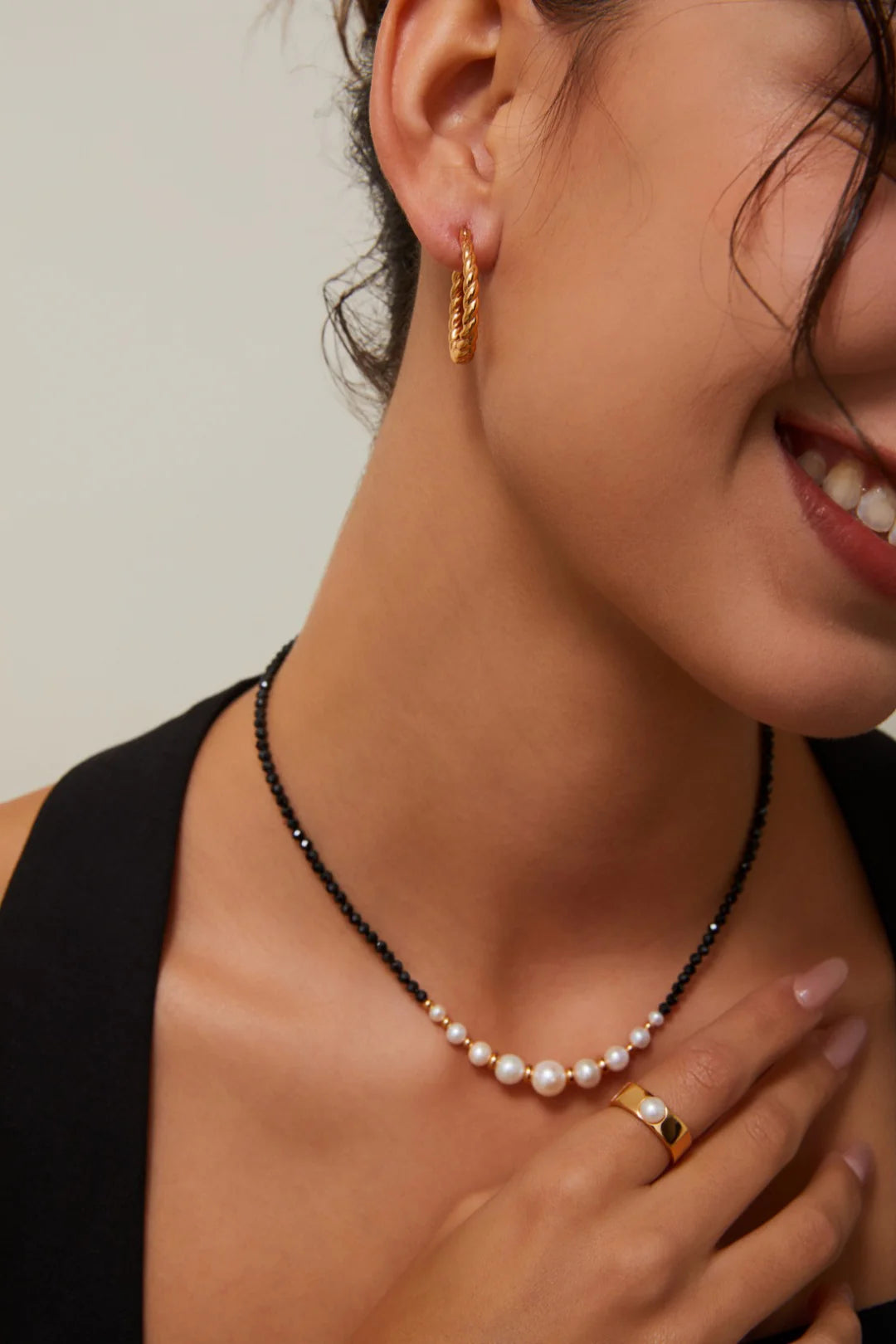 Gold Bead Black Spinel Pearl Necklace