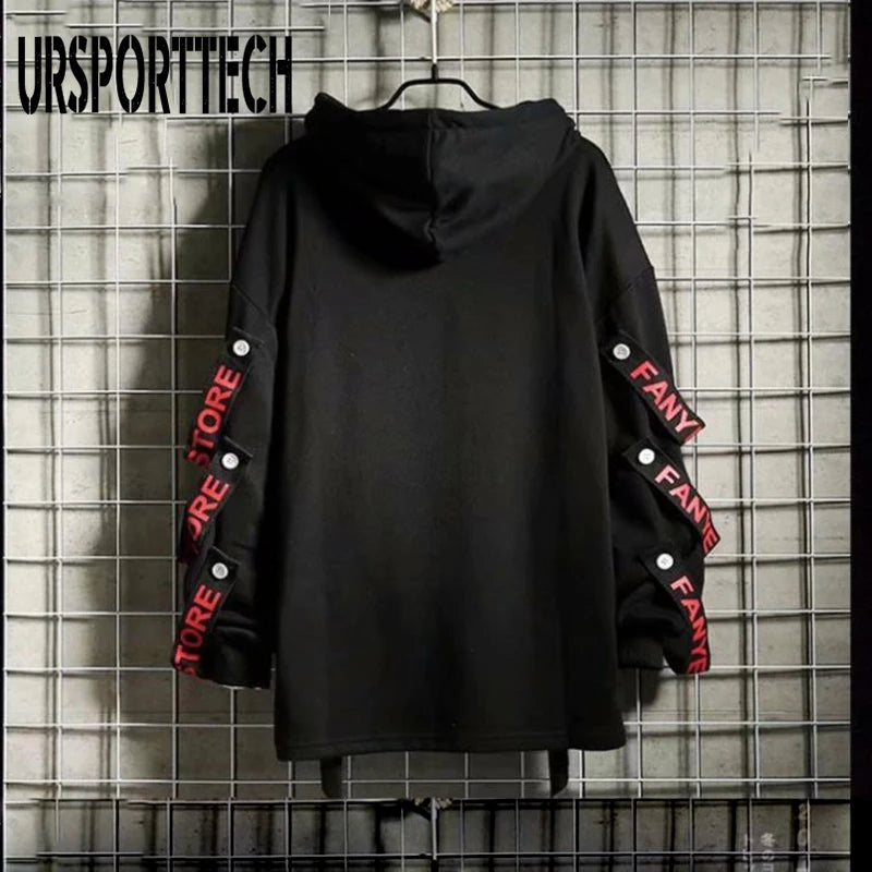 Hoodies Sweatshirts Men Hooded Fake Two Pieces Drawstring Letter Ribbons Men Boys Pullover Top Hip Hop Streetwear Hoodies