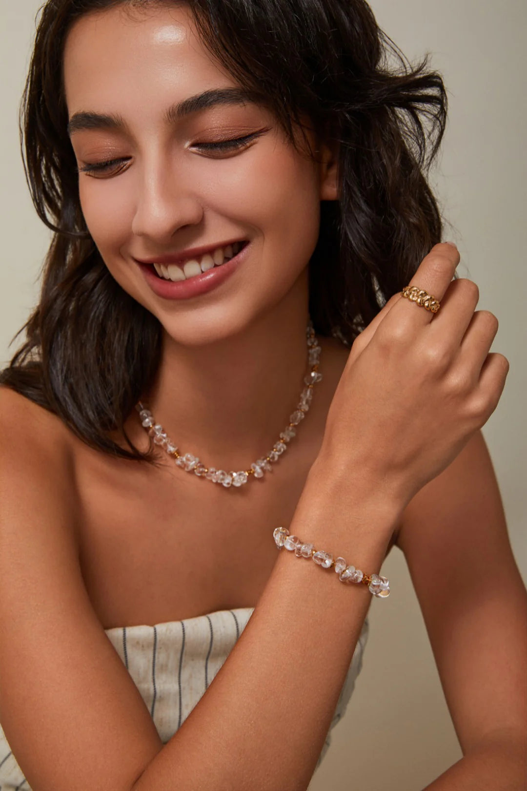 Gold Beads and White Crystal Necklace