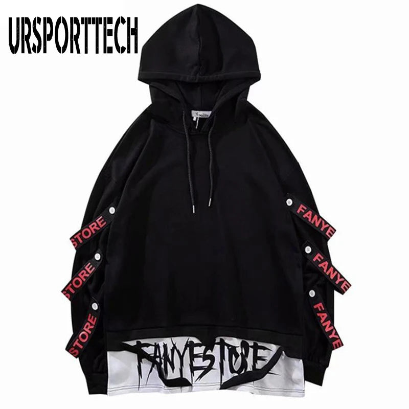 Hoodies Sweatshirts Men Hooded Fake Two Pieces Drawstring Letter Ribbons Men Boys Pullover Top Hip Hop Streetwear Hoodies