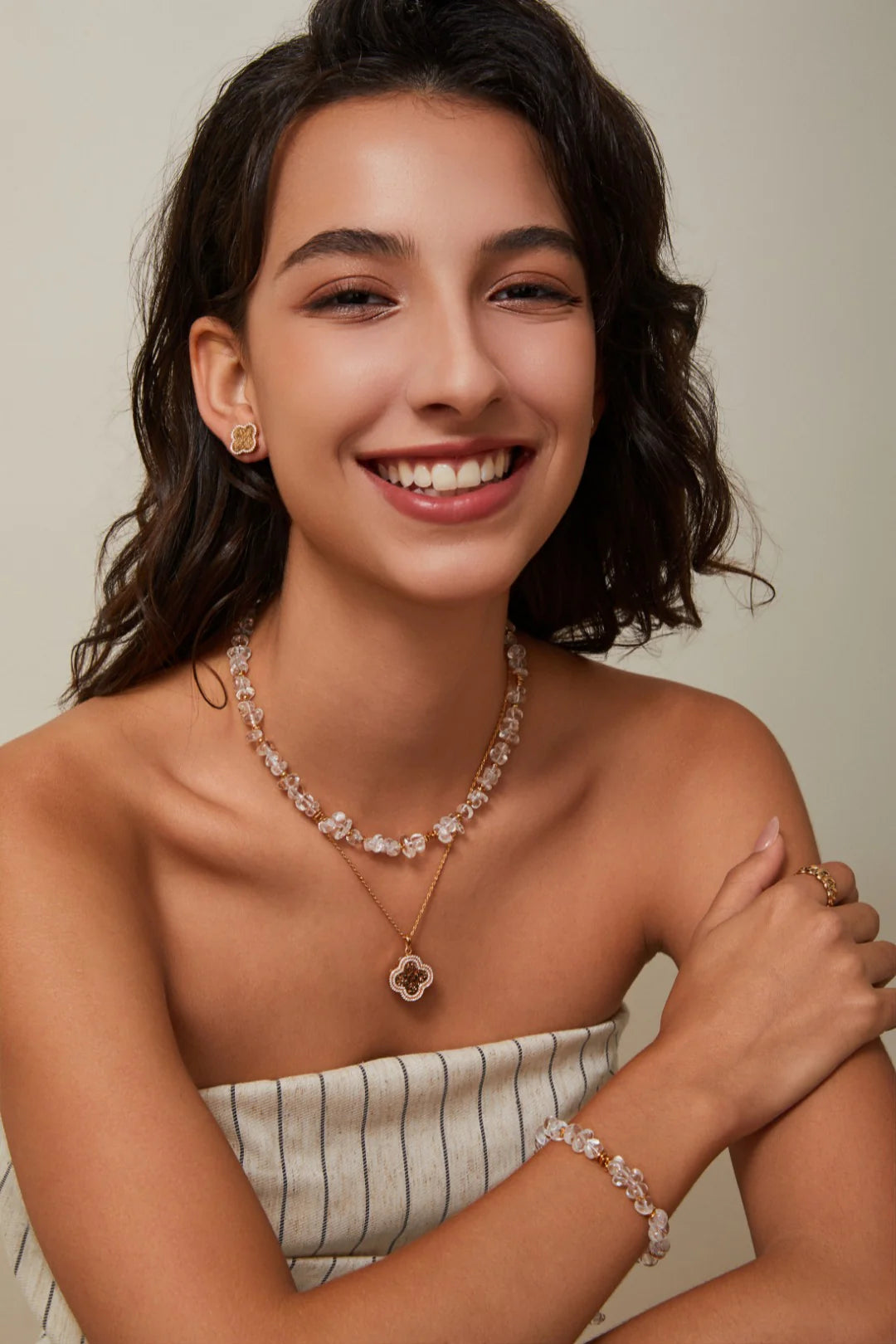 Gold Beads and White Crystal Necklace