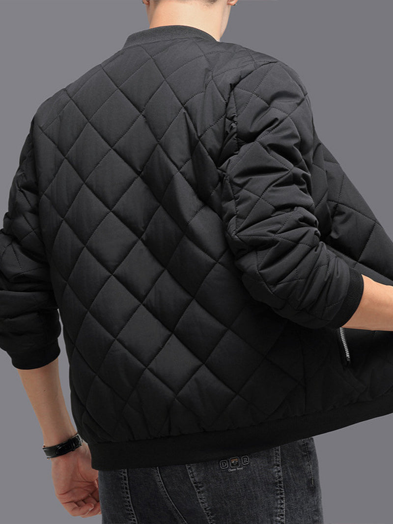 Fashion Rhombic-Sewing Design Cotton Coat Winter Warm Thickened Baseball Jacket Casual Solid Color Outwear Clothing for Men