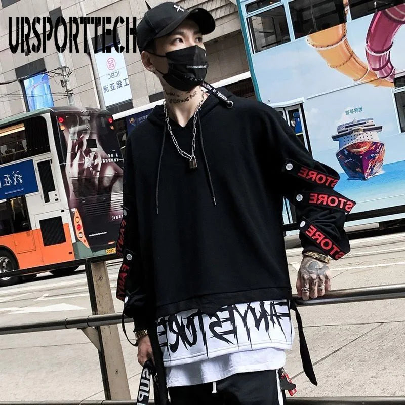 Hoodies Sweatshirts Men Hooded Fake Two Pieces Drawstring Letter Ribbons Men Boys Pullover Top Hip Hop Streetwear Hoodies