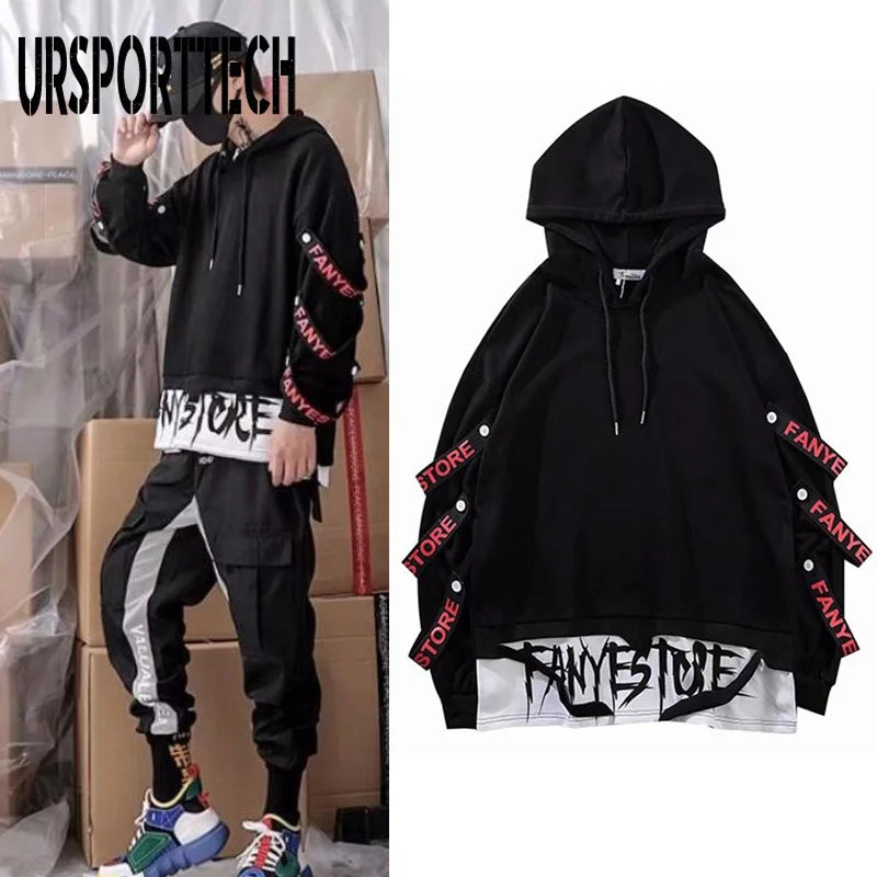 Hoodies Sweatshirts Men Hooded Fake Two Pieces Drawstring Letter Ribbons Men Boys Pullover Top Hip Hop Streetwear Hoodies
