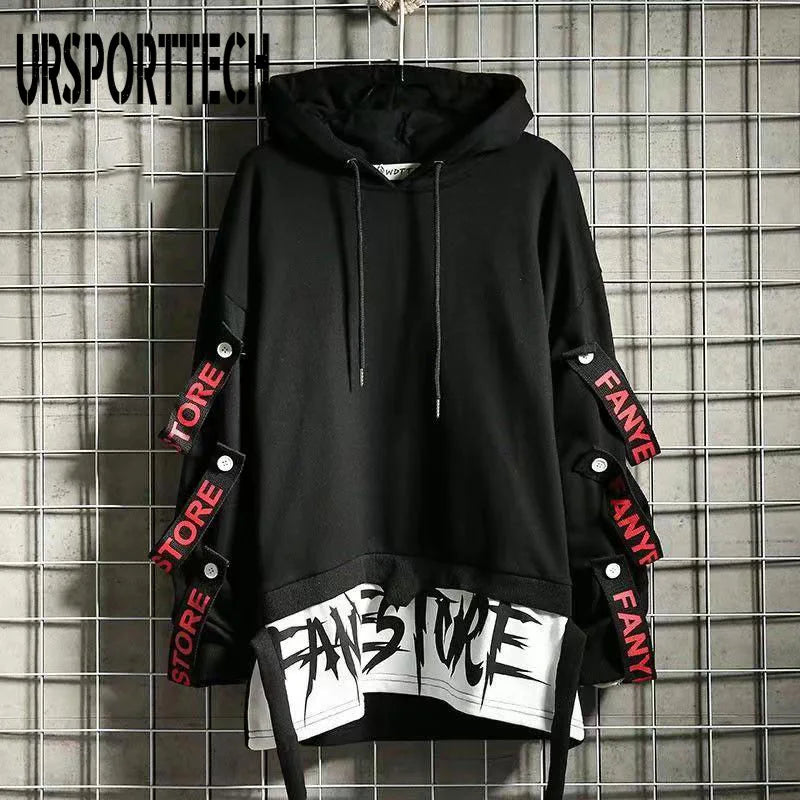 Hoodies Sweatshirts Men Hooded Fake Two Pieces Drawstring Letter Ribbons Men Boys Pullover Top Hip Hop Streetwear Hoodies