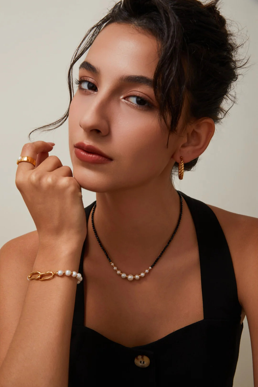 Gold Bead Black Spinel Pearl Necklace