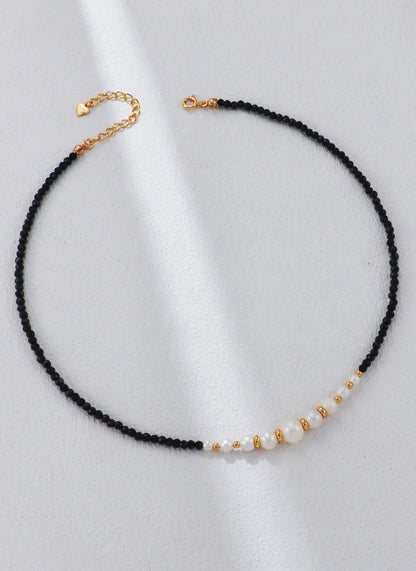 Gold Bead Black Spinel Pearl Necklace