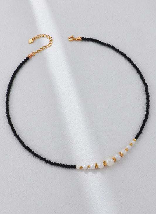 Gold Bead Black Spinel Pearl Necklace