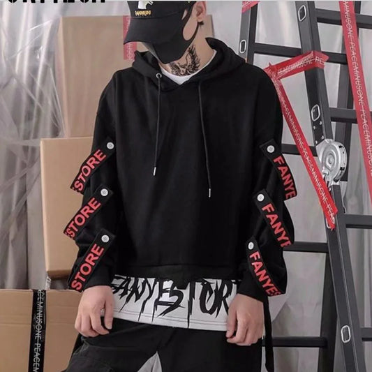 Hoodies Sweatshirts Men Hooded Fake Two Pieces Drawstring Letter Ribbons Men Boys Pullover Top Hip Hop Streetwear Hoodies