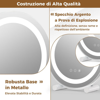 Specchio Da Toeletta Con Luci Luminosità Regolabile Controllo Tattile Intelligente, Specchio Rotondo Da 30Cm Bianco