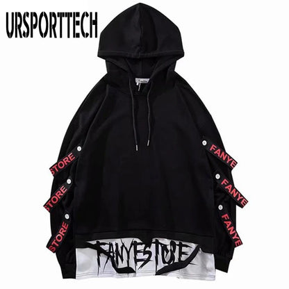 Hoodies Sweatshirts Men Hooded Fake Two Pieces Drawstring Letter Ribbons Men Boys Pullover Top Hip Hop Streetwear Hoodies