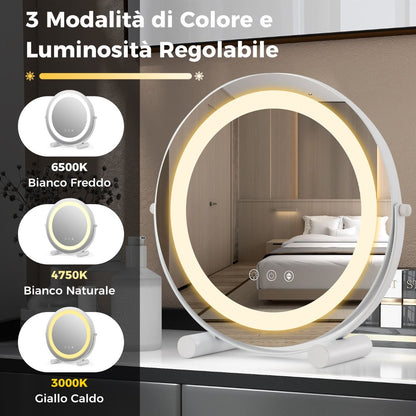 Specchio Da Toeletta Con Luci Luminosità Regolabile Controllo Tattile Intelligente, Specchio Rotondo Da 30Cm Bianco